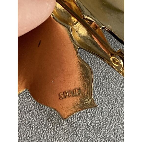 Spain Damascene Butterfly Brooch Signed Gold Tone Yellow Enamel Pin Red Head - Picture 9 of 11